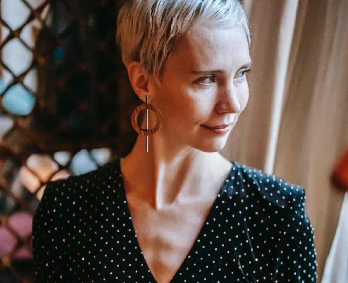 woman wearing Silverwood's contemporary earrings