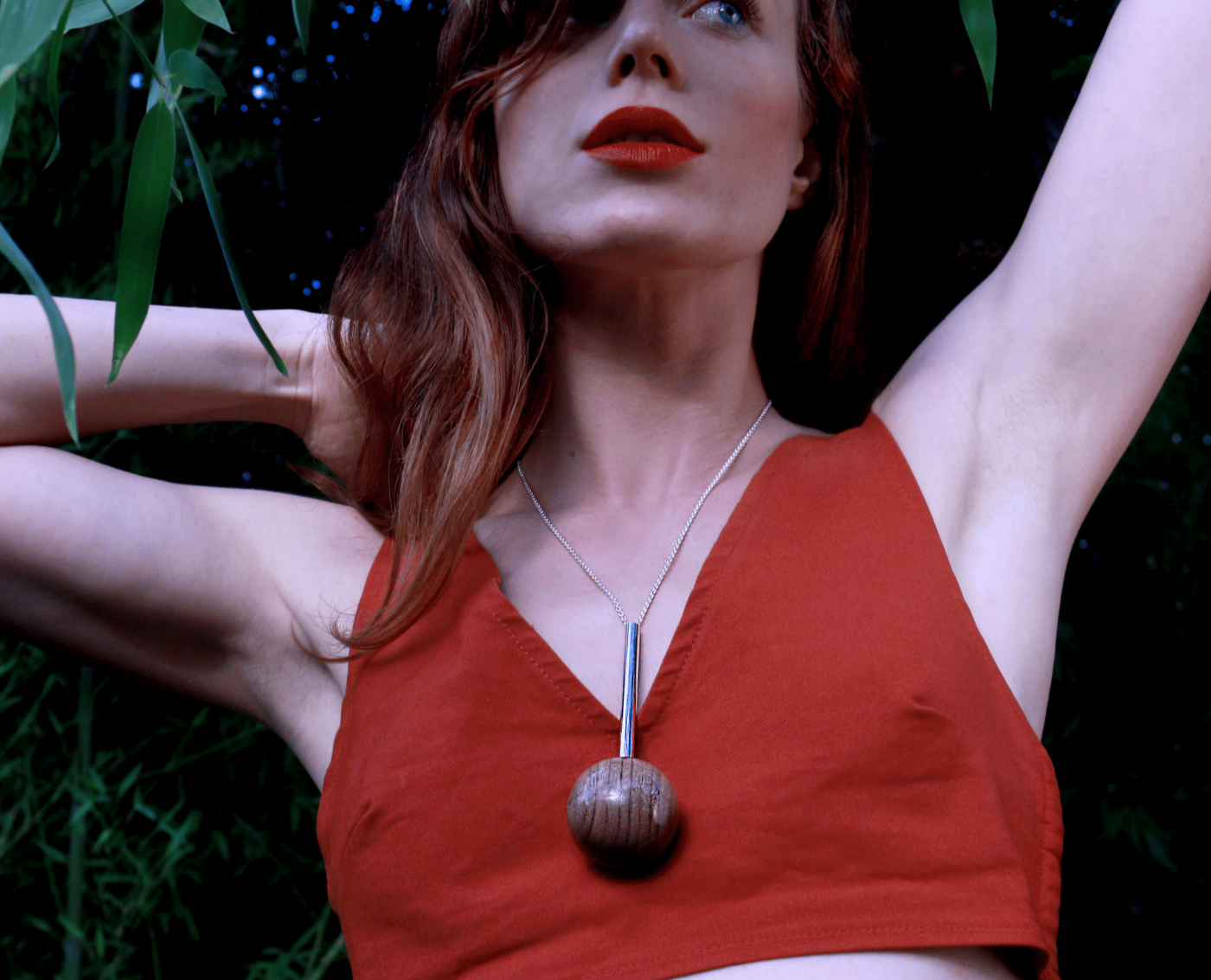 modern silver necklace with wood bead by silverwood