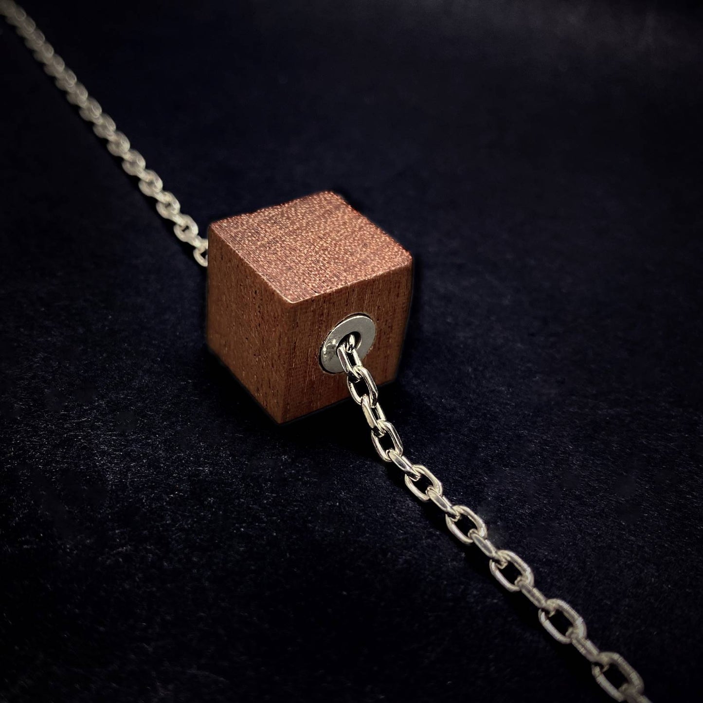 Brier wooden Cube Pendant with silver detail and chain Mens Necklace Silverwood Jewellery handcrafted in the uk