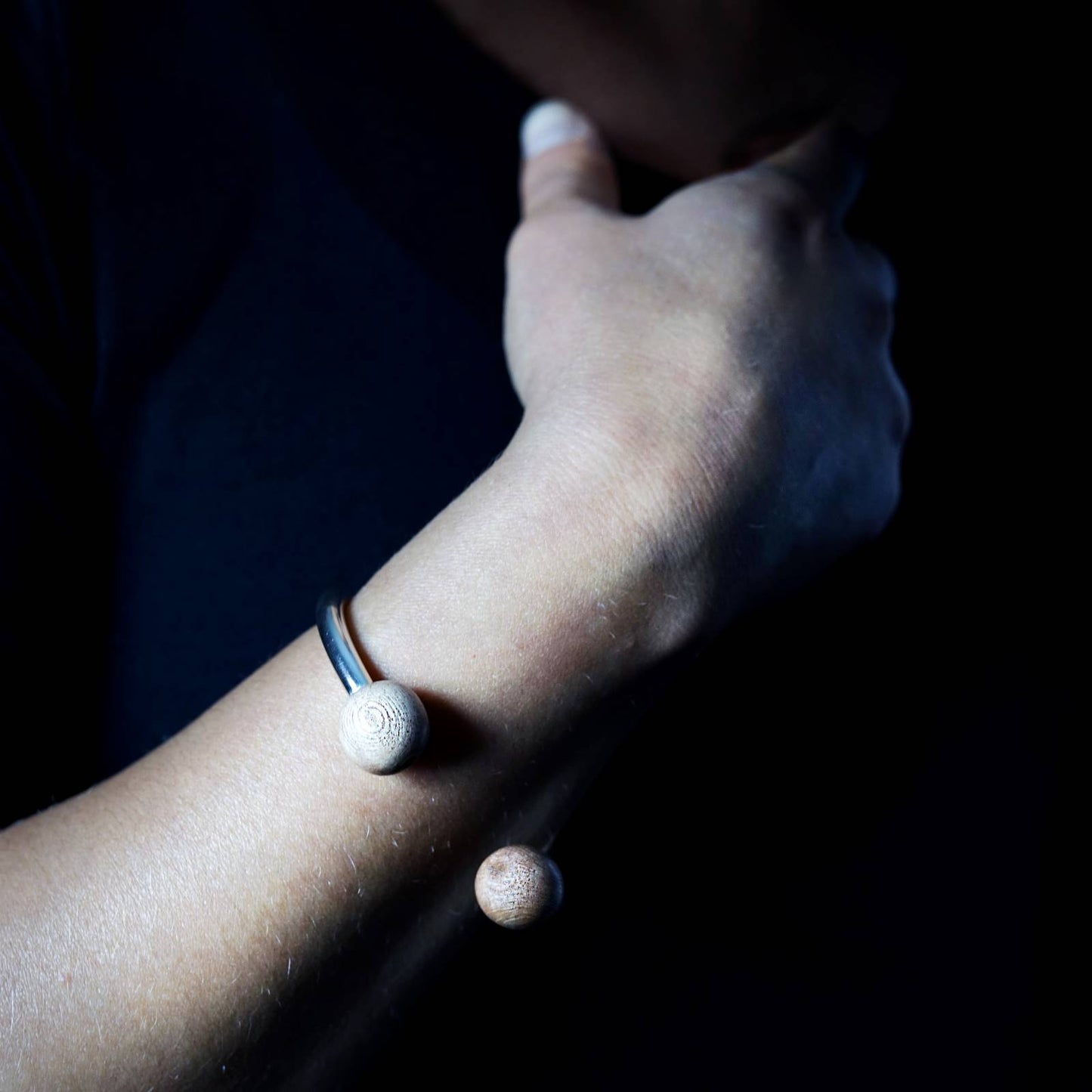 Lana Double Bead Torque Bangle on wrist Silverwood Jewellery