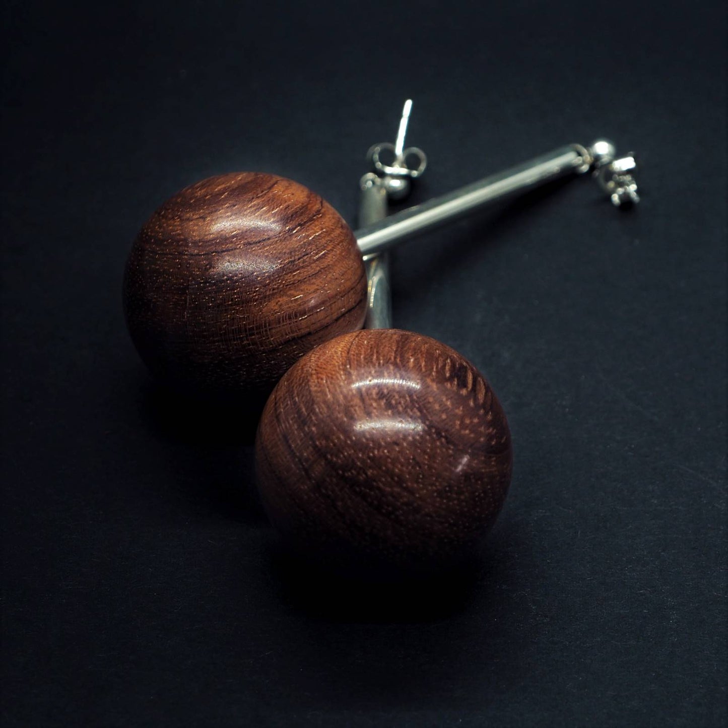 Gaia Bead & Silver Tube Earrings in red wood vegan polished beads by Silverwood Jewellery