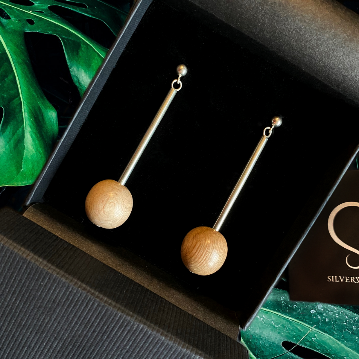 beautiful silver and wood drop earrings by silverwood