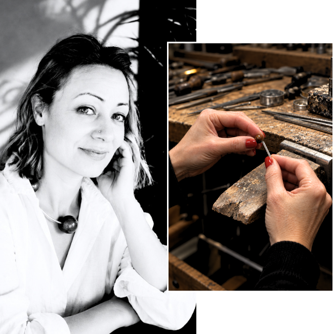 A split collage showing a black-and-white portrait of a woman on the left and a color inset on the right of hands working at a jewelry-making bench with tools and a small piece of jewelry.