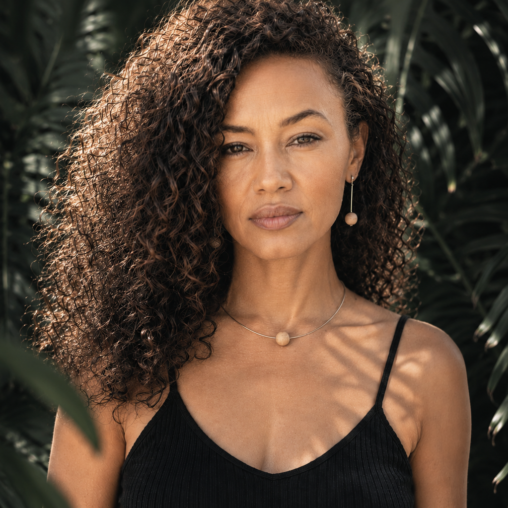 Woman with curly hair wearring silverwood earrings and necklace