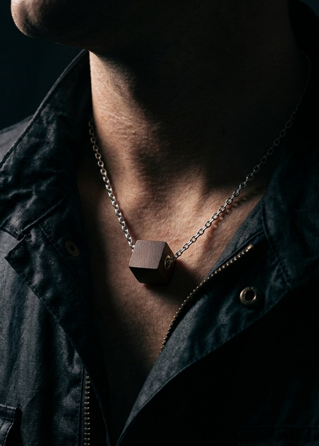 man in dark shirt wearing a wood cube pendant on a silver chain necklace