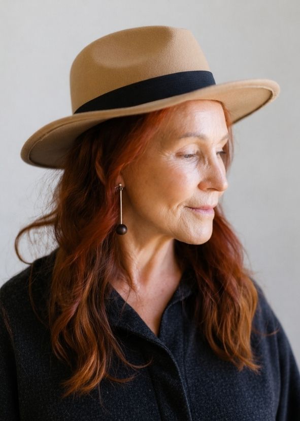 Woman wearing a brown hat with a black band and drop earrings  against a neutral background