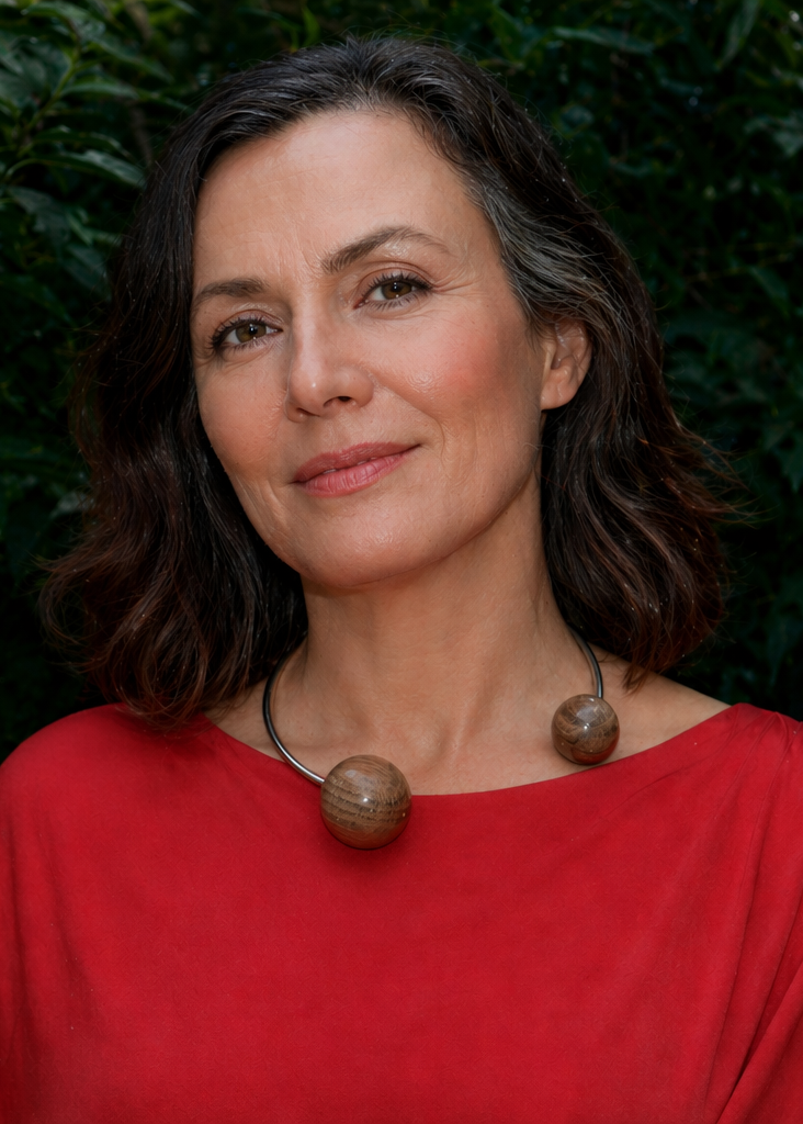 woman in red dress wearing a bold necklace with large wood beads and sterling silver