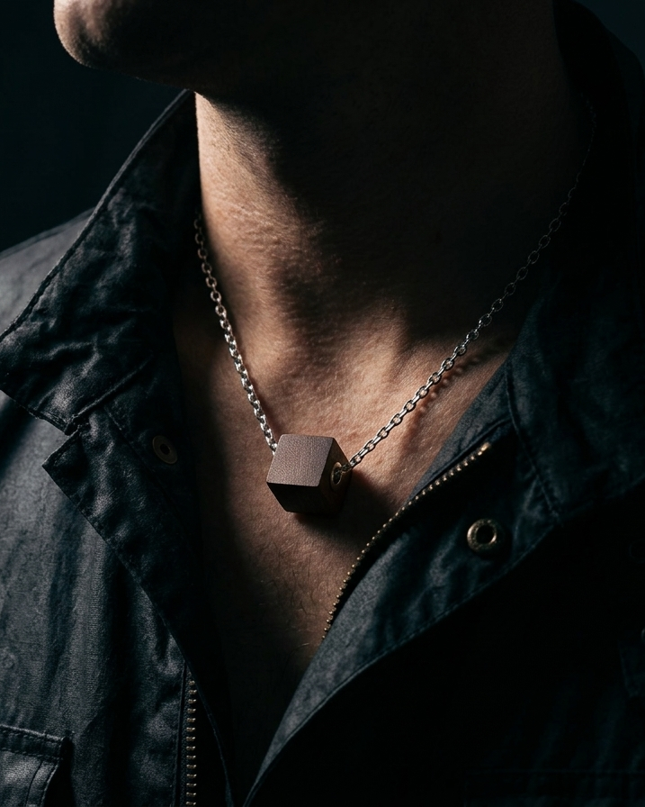 man wearing a wood block necklace and silver chain with black shirt