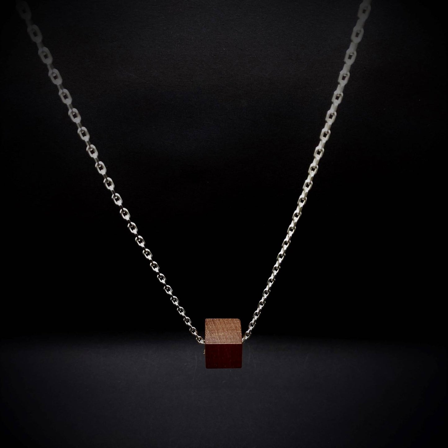 stylish mens jewellery piece Brier Cube Pendant Mens Necklace with wood block and silver detail and long chain by Silverwood Jewellery made in england