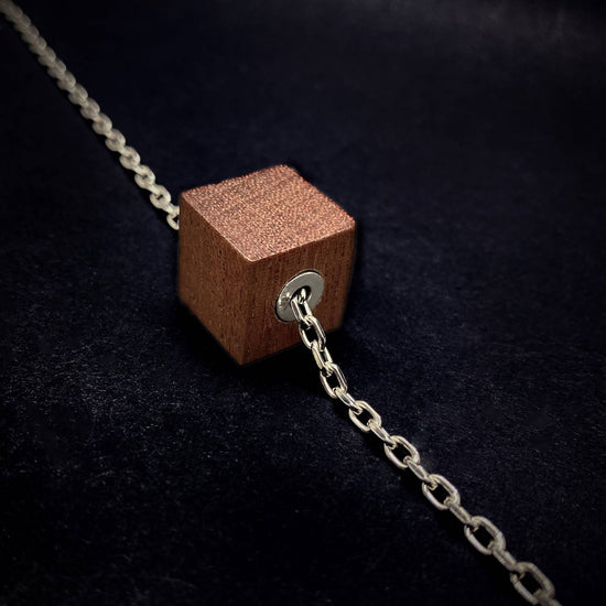 Brier wooden Cube Pendant with silver detail and chain Mens Necklace Silverwood Jewellery handcrafted in the uk