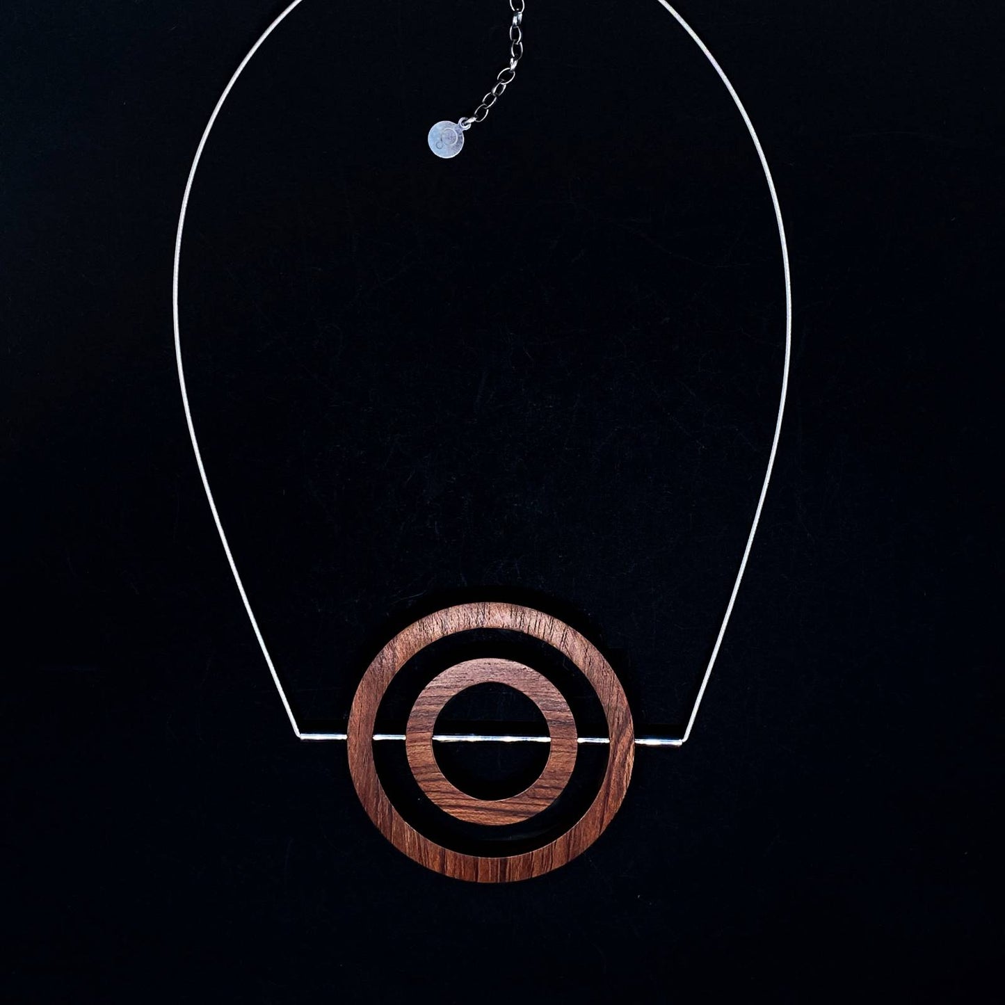 Iris buginga wood Concentric Circle and sterling silver Tube and cable chain  Necklace with extension chain by Silverwood Jewellery