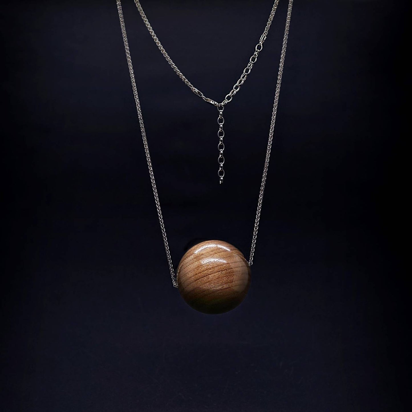 Giant 50mm wood Bead Pendant on Long silver Necklace  with extender vegan polish by Silverwood Jewellery