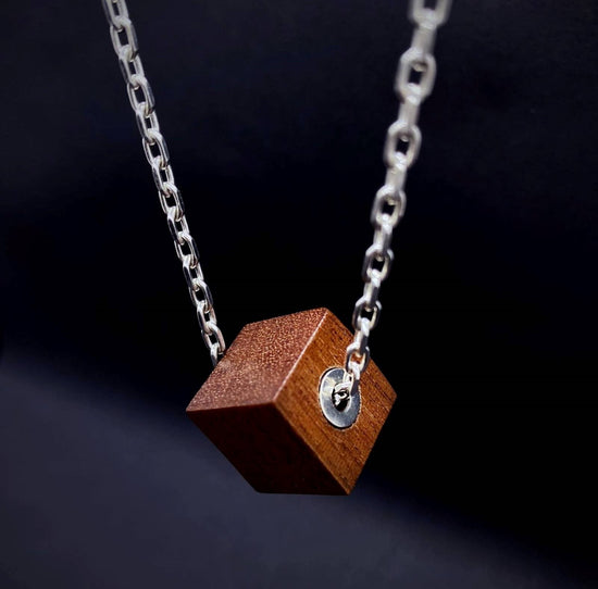 Brier Wood Cube Pendant on silver chain men's statement necklace by Silverwood Jewellery