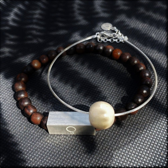 Lana Light Wood Bead on Silver Cable Bracelet Unisex stacked with the Silver Block and wood beads bracelet by  Silverwood Jewellery