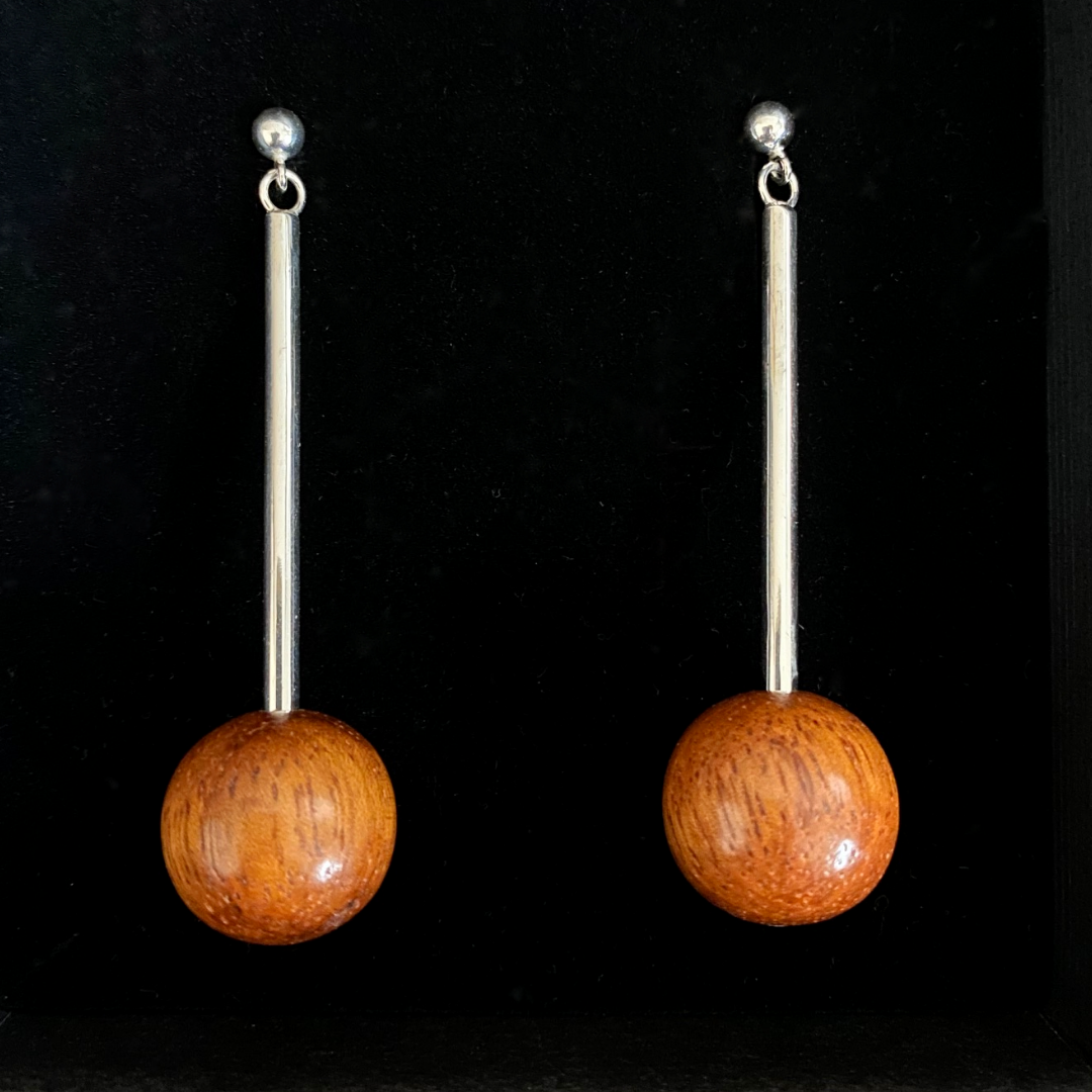 Lana Bead & Silver Drop Earrings in red wood by Silverwood Jewellery